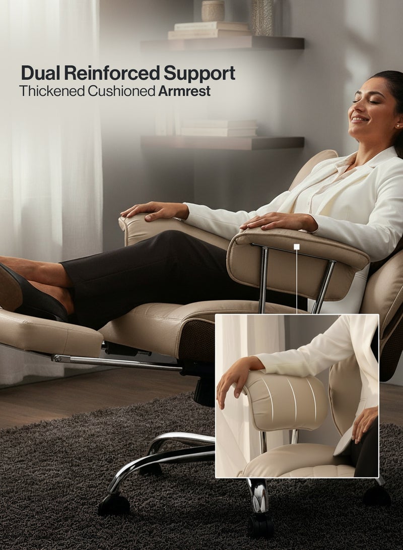 دراجو كرسي مكتب منزلي كبير الحجم وطويل القامة مع مسند للقدمين، مصنوع من الجلد الصناعي، مزود بدعم قطني بنوابض جيبية | كرسي مكتب دوار مريح بتصميم هندسي | كرسي ألعاب كمبيوتر مريح مع مسند للذراعين | كرسي استرخاء بيج اللون قابل لتعديل الارتفاع مع ظهر مرتفع - Image 5